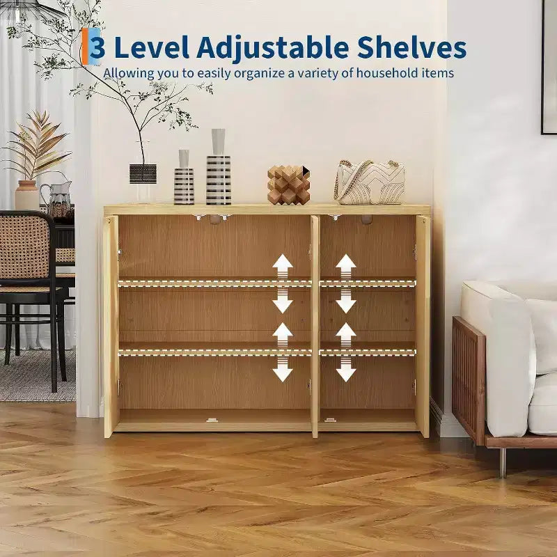 46.7 Wood Buffet Sideboard Cabinet with Storage, Modern Fluted Accent Credenza with Adjustable Shelves and 3 Doors, Coffee Bar for Home Natural