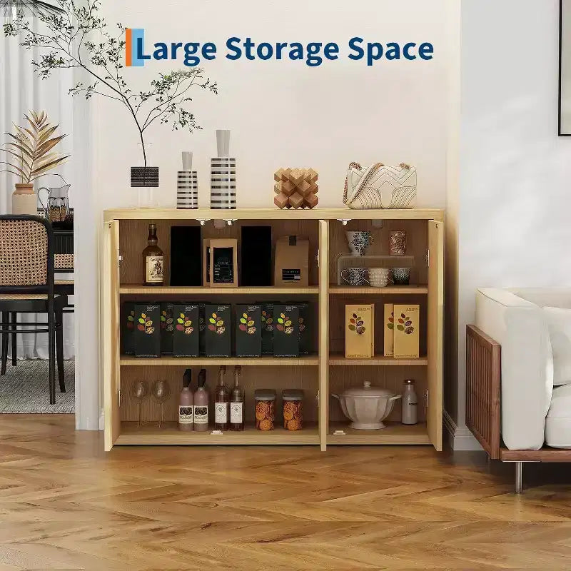 46.7 Wood Buffet Sideboard Cabinet with Storage, Modern Fluted Accent Credenza with Adjustable Shelves and 3 Doors, Coffee Bar for Home Natural