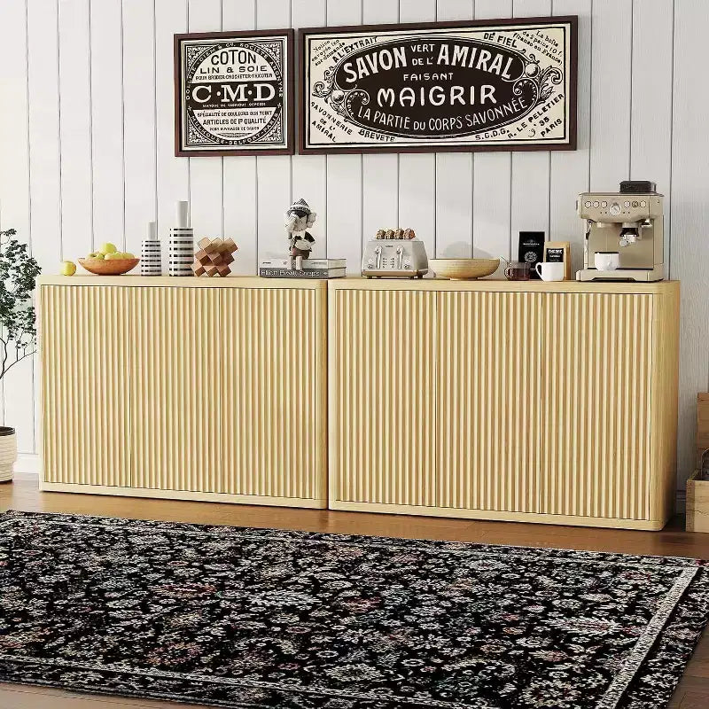46.7 Wood Buffet Sideboard Cabinet with Storage, Modern Fluted Accent Credenza with Adjustable Shelves and 3 Doors, Coffee Bar for Home Natural