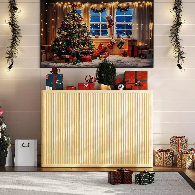 46.7 Wood Buffet Sideboard Cabinet with Storage, Modern Fluted Accent Credenza with Adjustable Shelves and 3 Doors, Coffee Bar for Home Natural