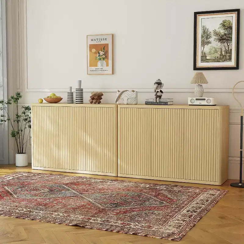 46.7 Wood Buffet Sideboard Cabinet with Storage, Modern Fluted Accent Credenza with Adjustable Shelves and 3 Doors, Coffee Bar for Home Natural