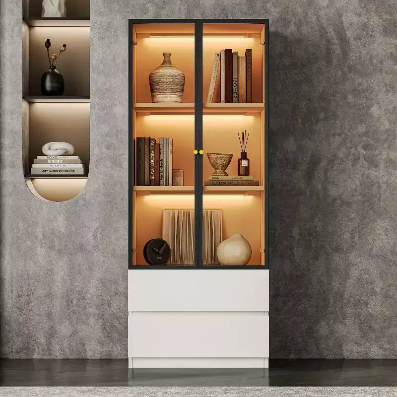 ATJafurn 23.6 Lighted Glass Display Cabinet, Modern Dining Storage China Hutch with 2 Drawers and 3 Shelves for Kitchen Dining Room and Living Room