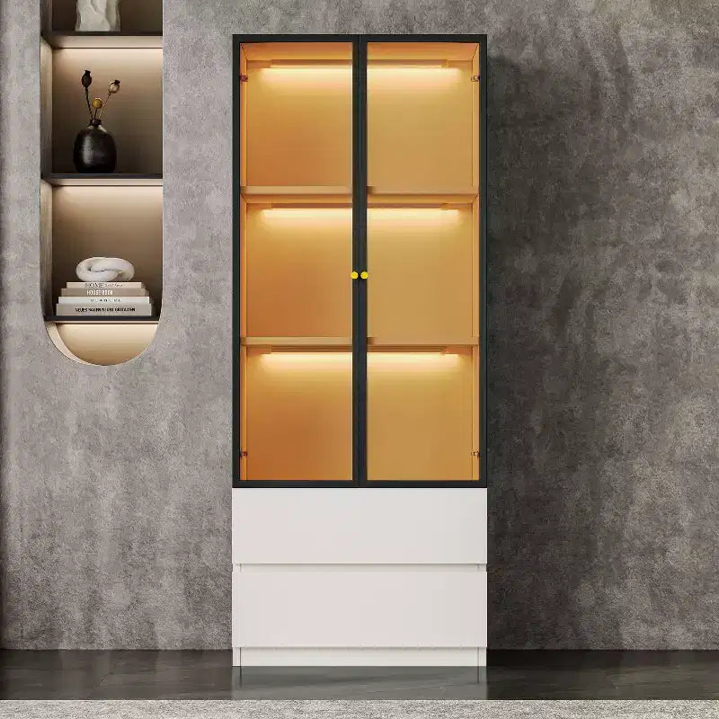 ATJafurn 23.6 Lighted Glass Display Cabinet, Modern Dining Storage China Hutch with 2 Drawers and 3 Shelves for Kitchen Dining Room and Living Room