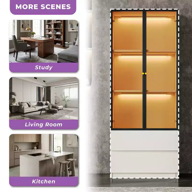 ATJafurn 23.6 Lighted Glass Display Cabinet, Modern Dining Storage China Hutch with 2 Drawers and 3 Shelves for Kitchen Dining Room and Living Room