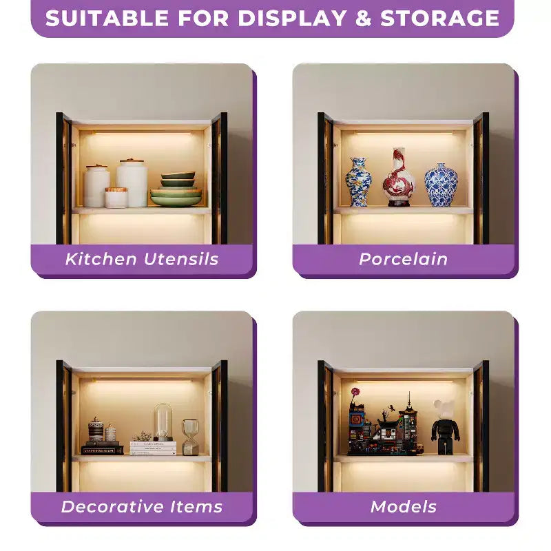 ATJafurn 23.6 Lighted Glass Display Cabinet, Modern Dining Storage China Hutch with 2 Drawers and 3 Shelves for Kitchen Dining Room and Living Room