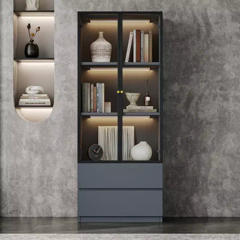 ATJafurn 23.6 Lighted Glass Display Cabinet, Modern Dining Storage China Hutch with 2 Drawers and 3 Shelves for Kitchen Dining Room and Living Room