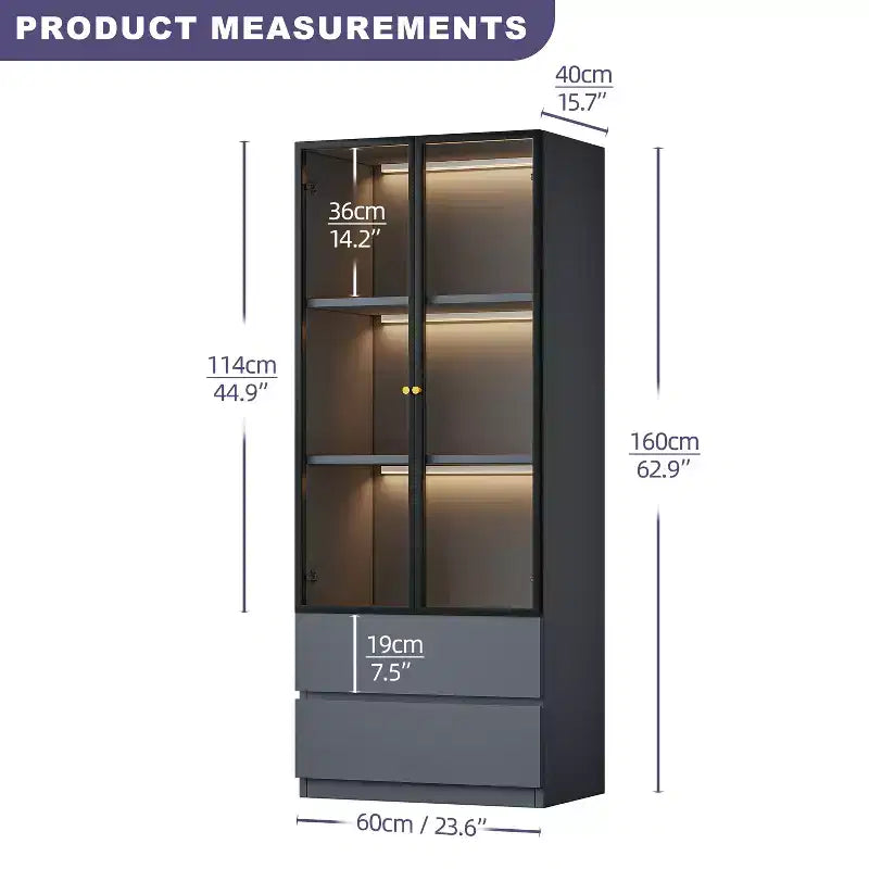 ATJafurn 23.6 Lighted Glass Display Cabinet, Modern Dining Storage China Hutch with 2 Drawers and 3 Shelves for Kitchen Dining Room and Living Room