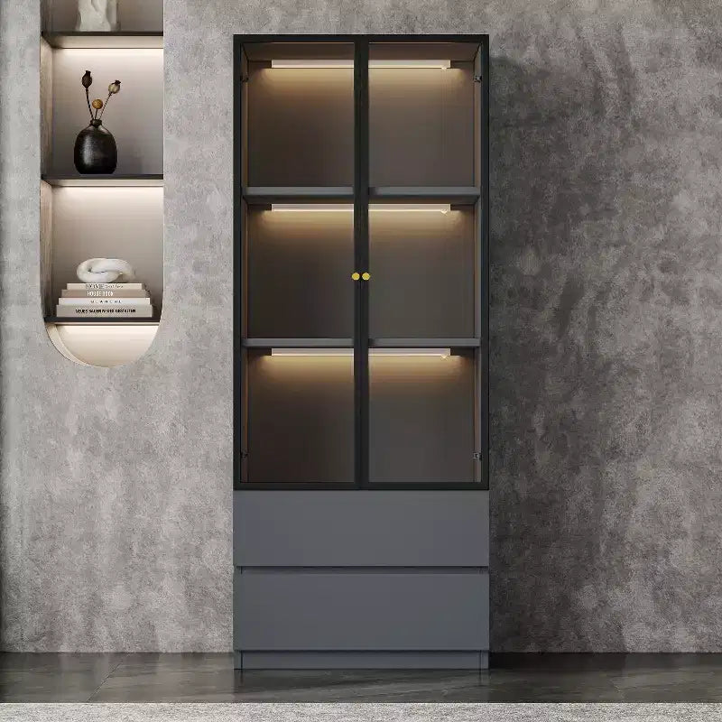 ATJafurn 23.6 Lighted Glass Display Cabinet, Modern Dining Storage China Hutch with 2 Drawers and 3 Shelves for Kitchen Dining Room and Living Room