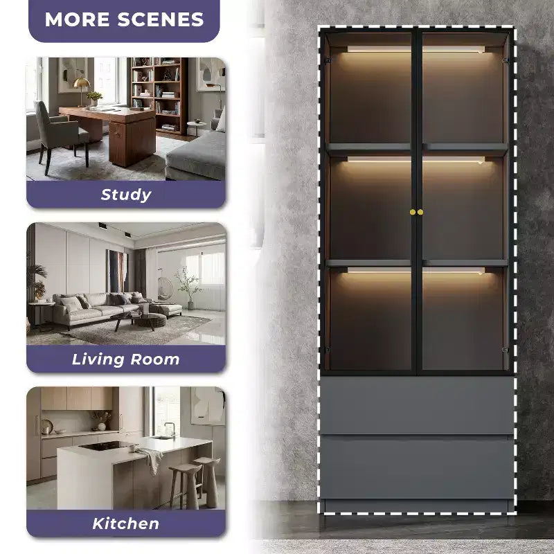 ATJafurn 23.6 Lighted Glass Display Cabinet, Modern Dining Storage China Hutch with 2 Drawers and 3 Shelves for Kitchen Dining Room and Living Room