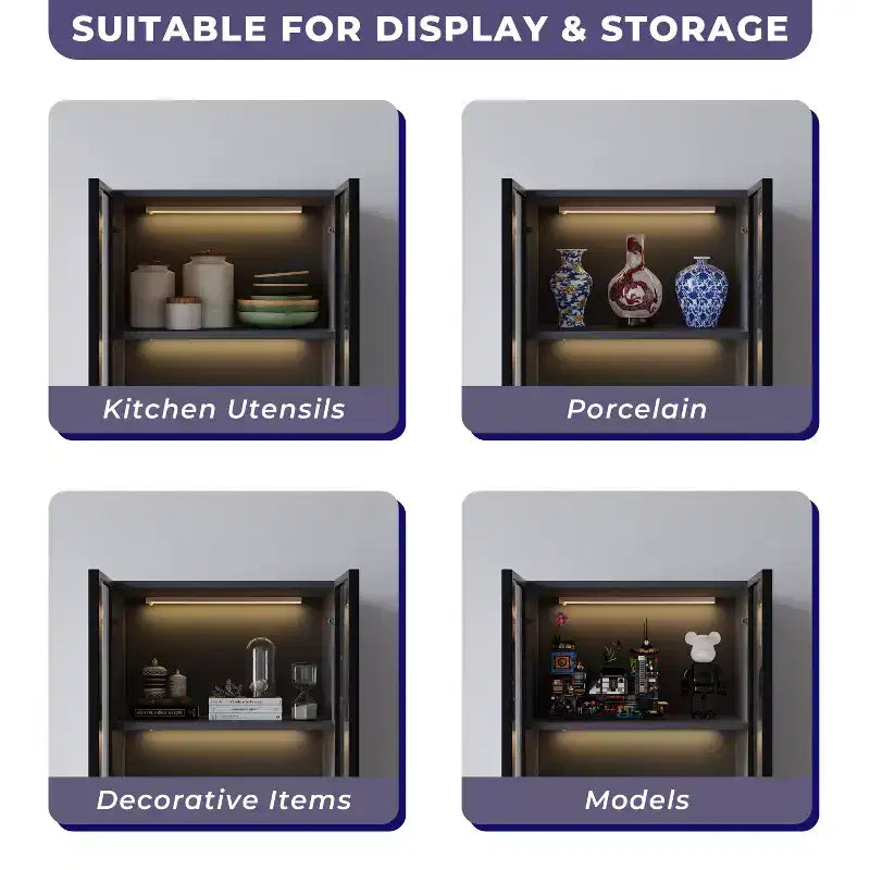 ATJafurn 23.6 Lighted Glass Display Cabinet, Modern Dining Storage China Hutch with 2 Drawers and 3 Shelves for Kitchen Dining Room and Living Room