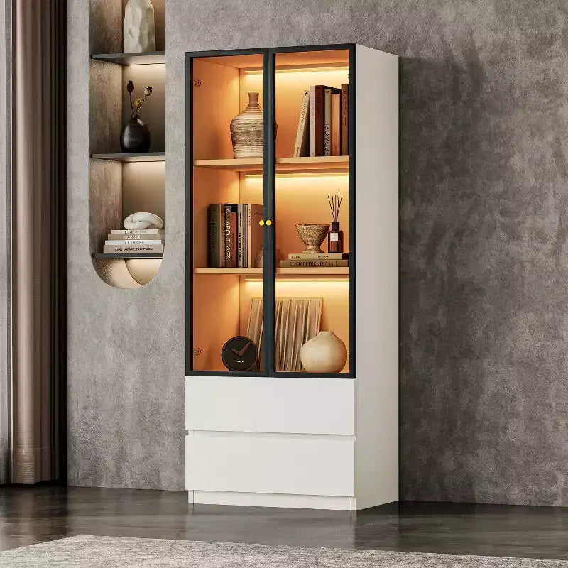 ATJafurn 23.6 Lighted Glass Display Cabinet, Modern Dining Storage China Hutch with 2 Drawers and 3 Shelves for Kitchen Dining Room and Living Room