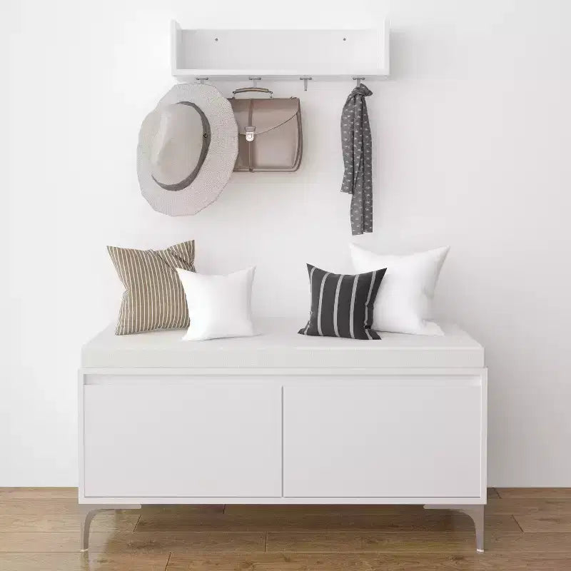 FurnitureR Wall-Mounted Entryway Shelf with Hooks and Storage Bench Set, Modern White Shoe Cabinet with Cushion, Off White