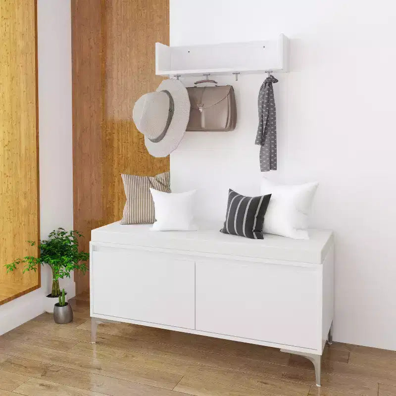 FurnitureR Wall-Mounted Entryway Shelf with Hooks and Storage Bench Set, Modern White Shoe Cabinet with Cushion, Off White