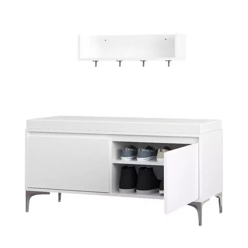 FurnitureR Wall-Mounted Entryway Shelf with Hooks and Storage Bench Set, Modern White Shoe Cabinet with Cushion, Off White