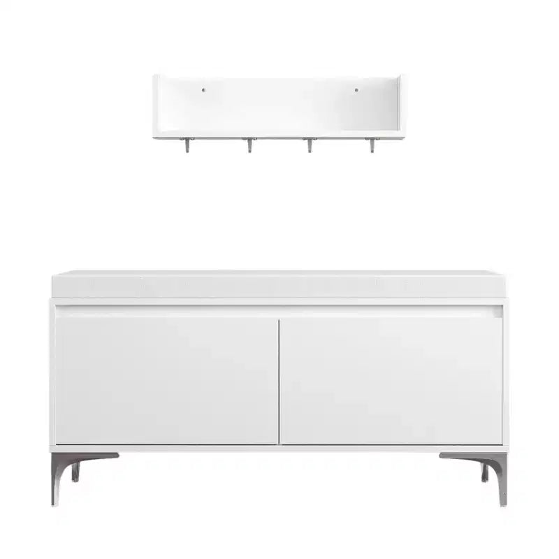 FurnitureR Wall-Mounted Entryway Shelf with Hooks and Storage Bench Set, Modern White Shoe Cabinet with Cushion, Off White