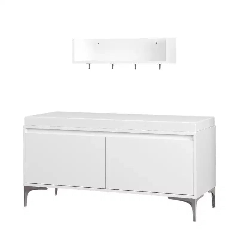 FurnitureR Wall-Mounted Entryway Shelf with Hooks and Storage Bench Set, Modern White Shoe Cabinet with Cushion, Off White