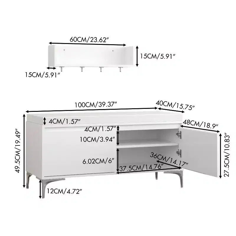 FurnitureR Wall-Mounted Entryway Shelf with Hooks and Storage Bench Set, Modern White Shoe Cabinet with Cushion, Off White