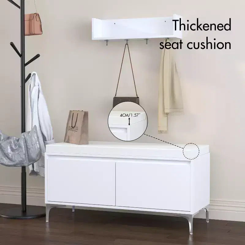 FurnitureR Wall-Mounted Entryway Shelf with Hooks and Storage Bench Set, Modern White Shoe Cabinet with Cushion, Off White