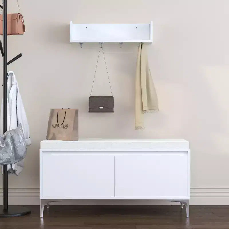 FurnitureR Wall-Mounted Entryway Shelf with Hooks and Storage Bench Set, Modern White Shoe Cabinet with Cushion, Off White