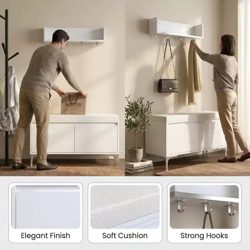 FurnitureR Wall-Mounted Entryway Shelf with Hooks and Storage Bench Set, Modern White Shoe Cabinet with Cushion, Off White