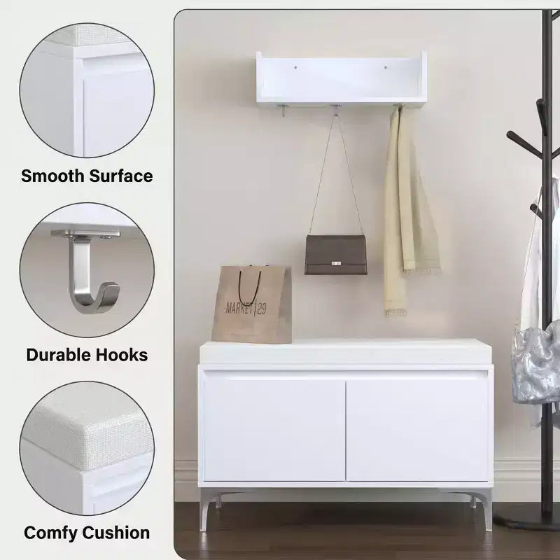 FurnitureR Wall-Mounted Entryway Shelf with Hooks and Storage Bench Set, Modern White Shoe Cabinet with Cushion, Off White