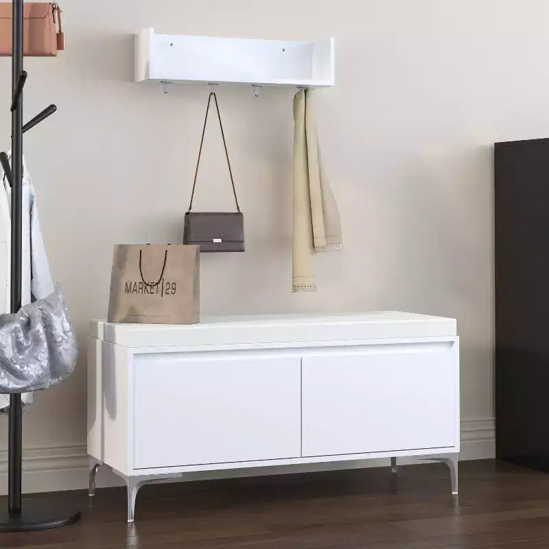 FurnitureR Wall-Mounted Entryway Shelf with Hooks and Storage Bench Set, Modern White Shoe Cabinet with Cushion, Off White