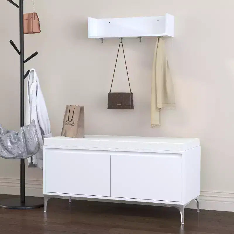 FurnitureR Wall-Mounted Entryway Shelf with Hooks and Storage Bench Set, Modern White Shoe Cabinet with Cushion, Off White