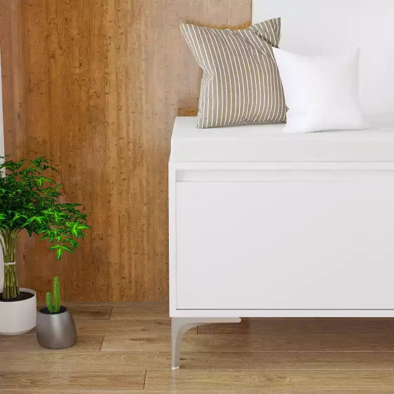 FurnitureR Wall-Mounted Entryway Shelf with Hooks and Storage Bench Set, Modern White Shoe Cabinet with Cushion, Off White