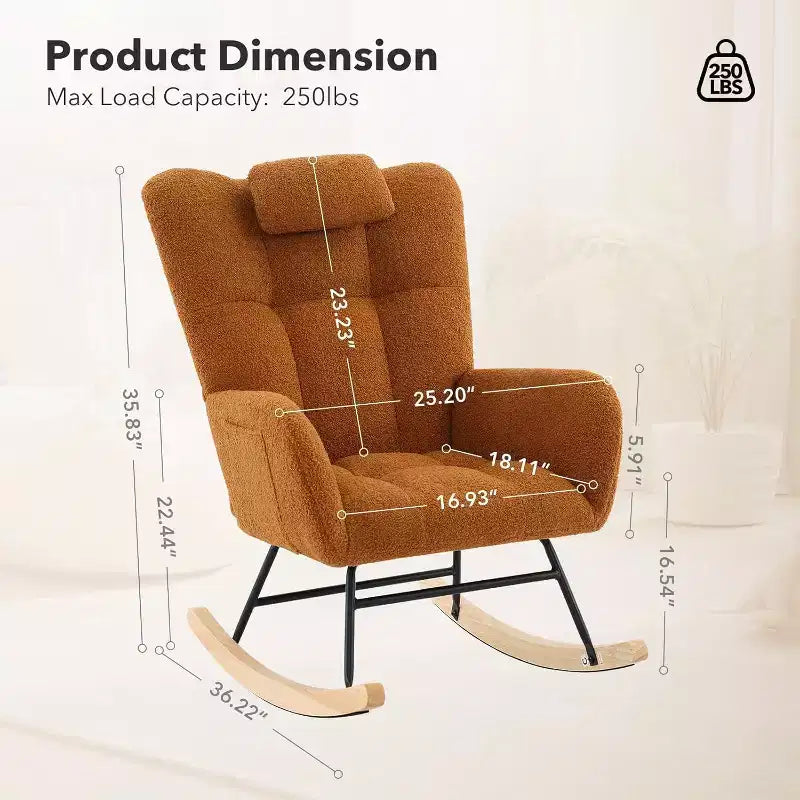 Nursery Teddy Rocking Chair, Soft Upholstered Glider Rocker for Adults, Space-Saving Nursing Chair for Living Room, Bedroom, and Classroom Use