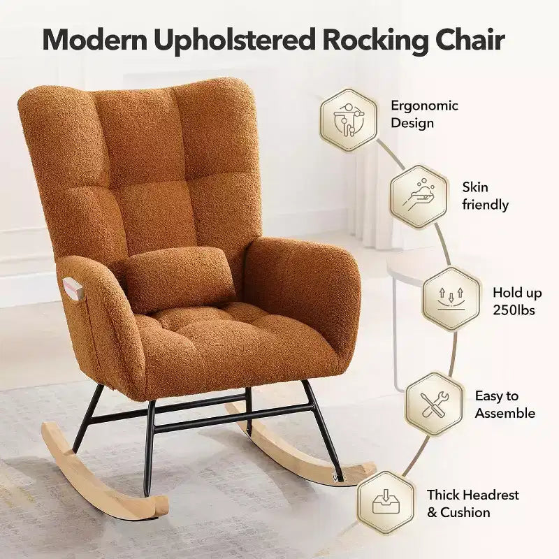 Nursery Teddy Rocking Chair, Soft Upholstered Glider Rocker for Adults, Space-Saving Nursing Chair for Living Room, Bedroom, and Classroom Use