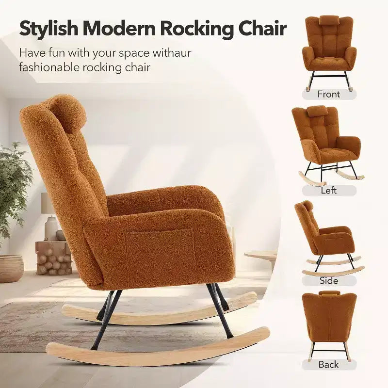 Nursery Teddy Rocking Chair, Soft Upholstered Glider Rocker for Adults, Space-Saving Nursing Chair for Living Room, Bedroom, and Classroom Use