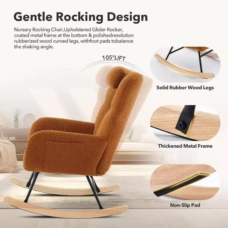 Nursery Teddy Rocking Chair, Soft Upholstered Glider Rocker for Adults, Space-Saving Nursing Chair for Living Room, Bedroom, and Classroom Use