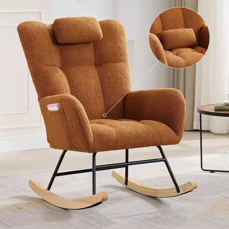 Nursery Teddy Rocking Chair, Soft Upholstered Glider Rocker for Adults, Space-Saving Nursing Chair for Living Room, Bedroom, and Classroom Use