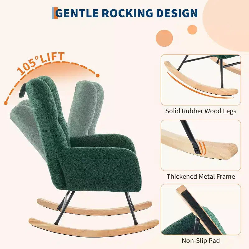 Nursery Teddy Rocking Chair, Soft Upholstered Glider Rocker for Adults, Space-Saving Nursing Chair for Living Room, Bedroom, and Classroom Use