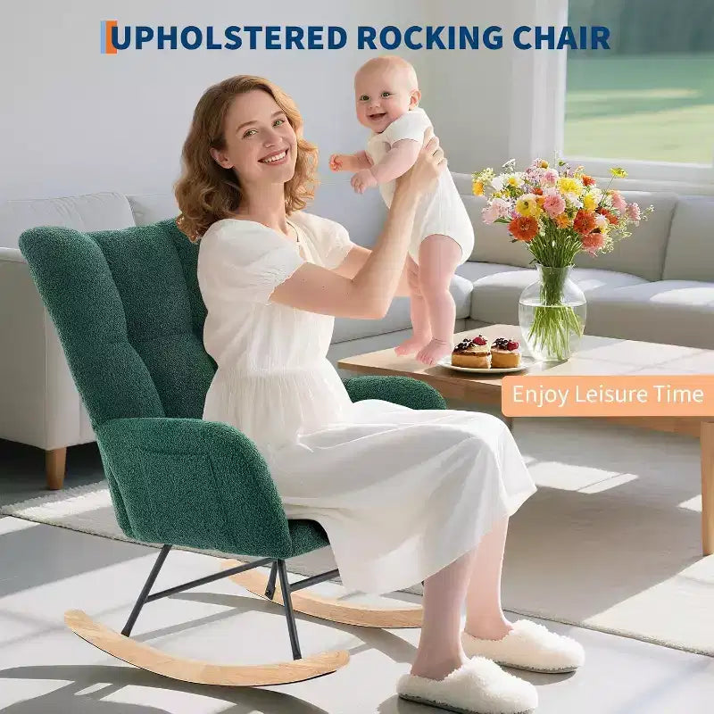 Nursery Teddy Rocking Chair, Soft Upholstered Glider Rocker for Adults, Space-Saving Nursing Chair for Living Room, Bedroom, and Classroom Use