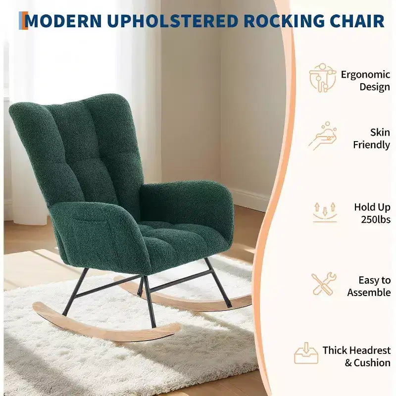 Nursery Teddy Rocking Chair, Soft Upholstered Glider Rocker for Adults, Space-Saving Nursing Chair for Living Room, Bedroom, and Classroom Use