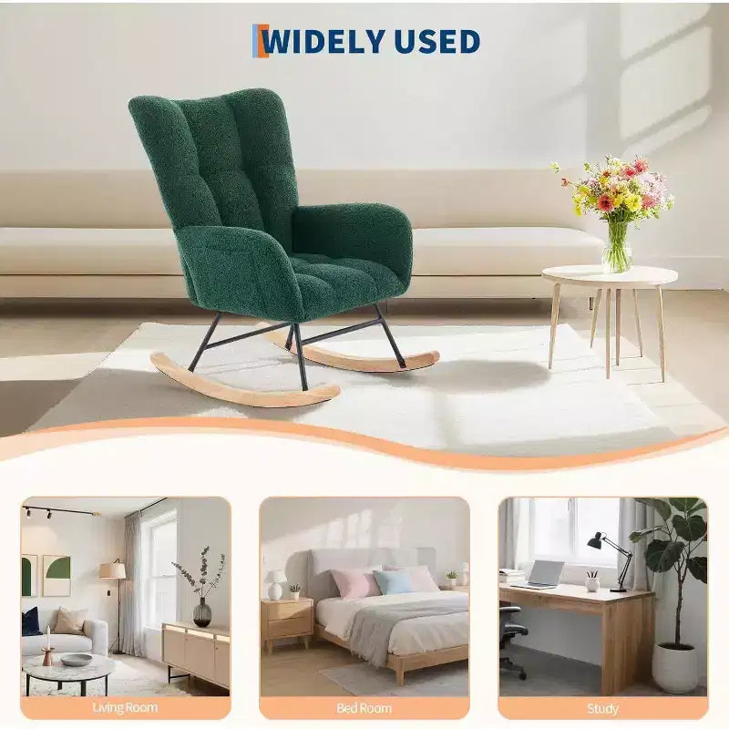Nursery Teddy Rocking Chair, Soft Upholstered Glider Rocker for Adults, Space-Saving Nursing Chair for Living Room, Bedroom, and Classroom Use