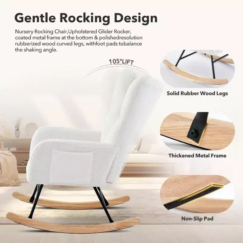Nursery Teddy Rocking Chair, Soft Upholstered Glider Rocker for Adults, Space-Saving Nursing Chair for Living Room, Bedroom, and Classroom Use