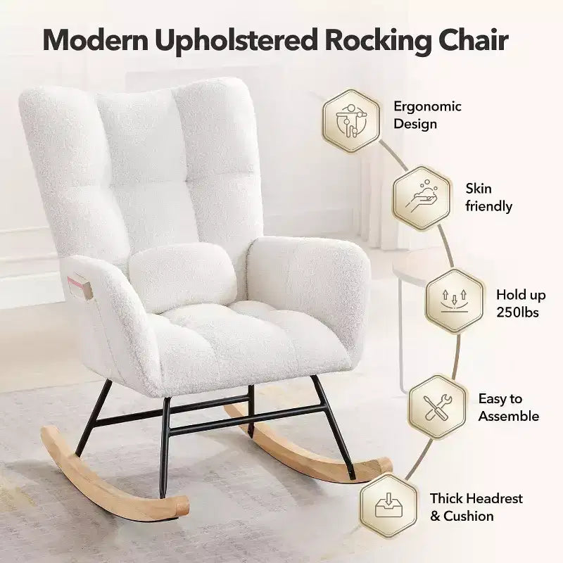 Nursery Teddy Rocking Chair, Soft Upholstered Glider Rocker for Adults, Space-Saving Nursing Chair for Living Room, Bedroom, and Classroom Use