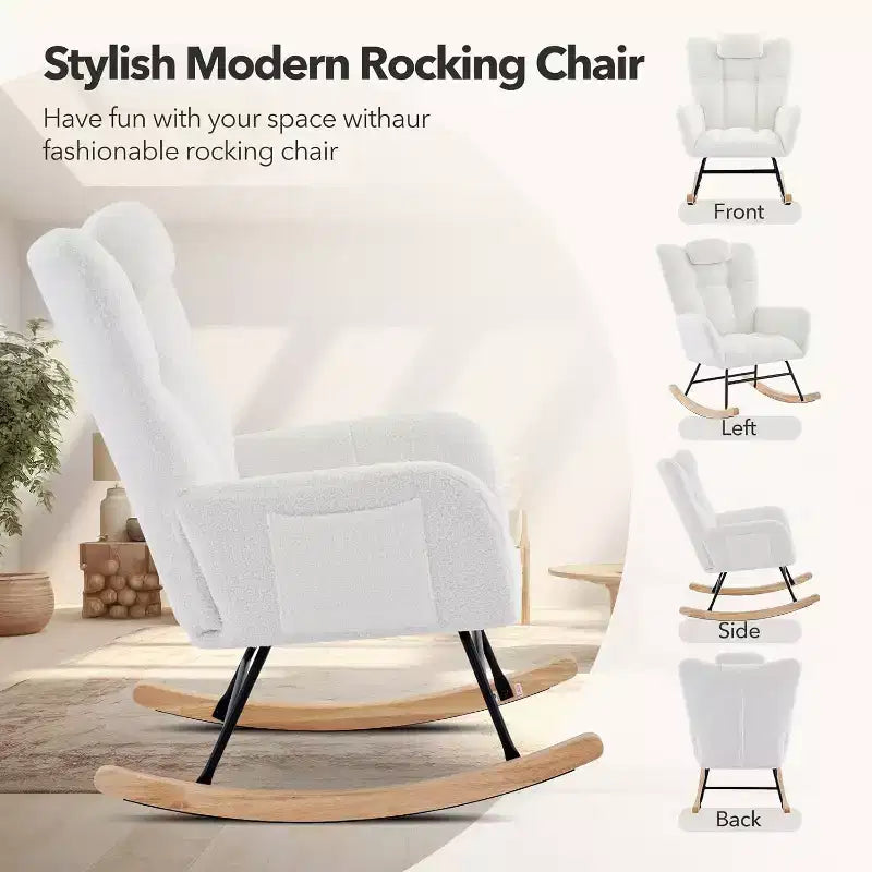 Nursery Teddy Rocking Chair, Soft Upholstered Glider Rocker for Adults, Space-Saving Nursing Chair for Living Room, Bedroom, and Classroom Use