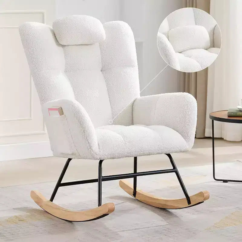 Nursery Teddy Rocking Chair, Soft Upholstered Glider Rocker for Adults, Space-Saving Nursing Chair for Living Room, Bedroom, and Classroom Use