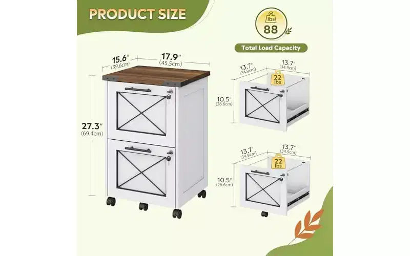 DEXYLLO 2 Drawer File Cabinet with Hanging Files, Mobile Rolling Storage Cabinet for Home Office, Under Desk Filing Cabinet with Lock