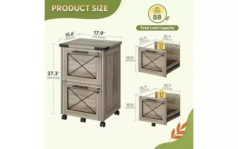 DEXYLLO 2 Drawer File Cabinet with Hanging Files, Mobile Rolling Storage Cabinet for Home Office, Under Desk Filing Cabinet with Lock