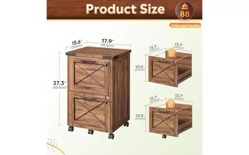 DEXYLLO 2 Drawer File Cabinet with Hanging Files, Mobile Rolling Storage Cabinet for Home Office, Under Desk Filing Cabinet with Lock