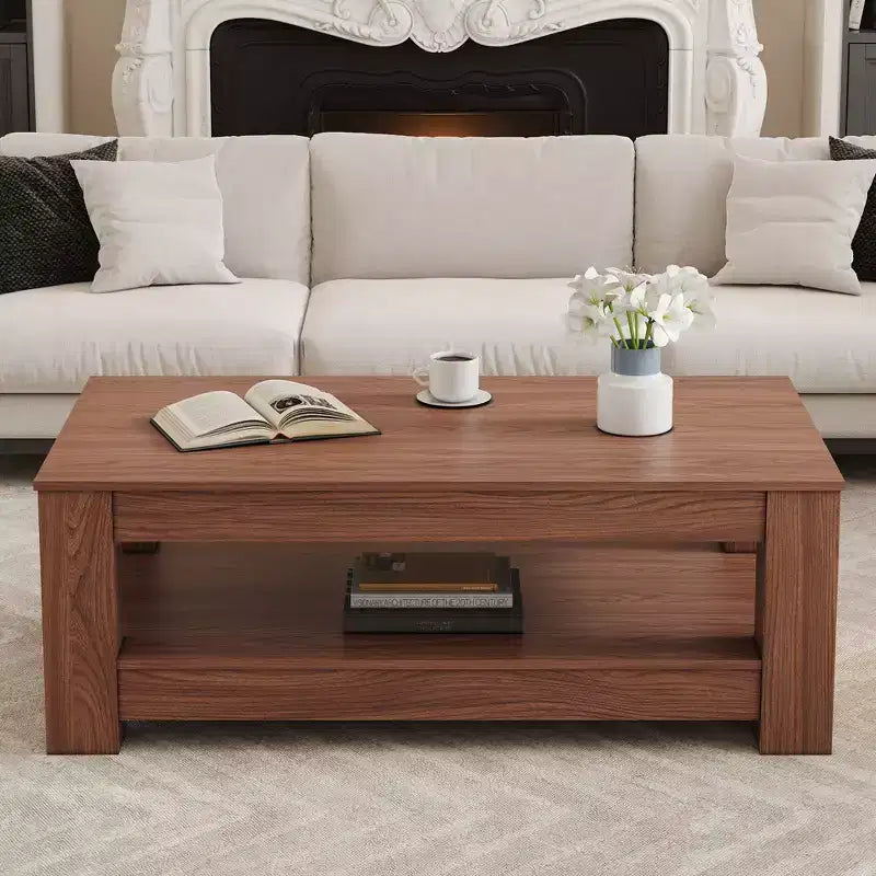 Walnut 2-Tier MDF Coffee Table, Rectangular Industrial Style Non-Toxic Finish Table for Living Room Bedroom Study