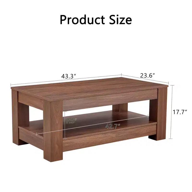 Walnut 2-Tier MDF Coffee Table, Rectangular Industrial Style Non-Toxic Finish Table for Living Room Bedroom Study