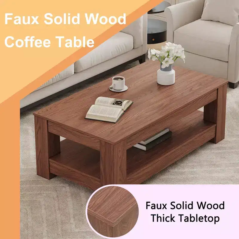 Walnut 2-Tier MDF Coffee Table, Rectangular Industrial Style Non-Toxic Finish Table for Living Room Bedroom Study