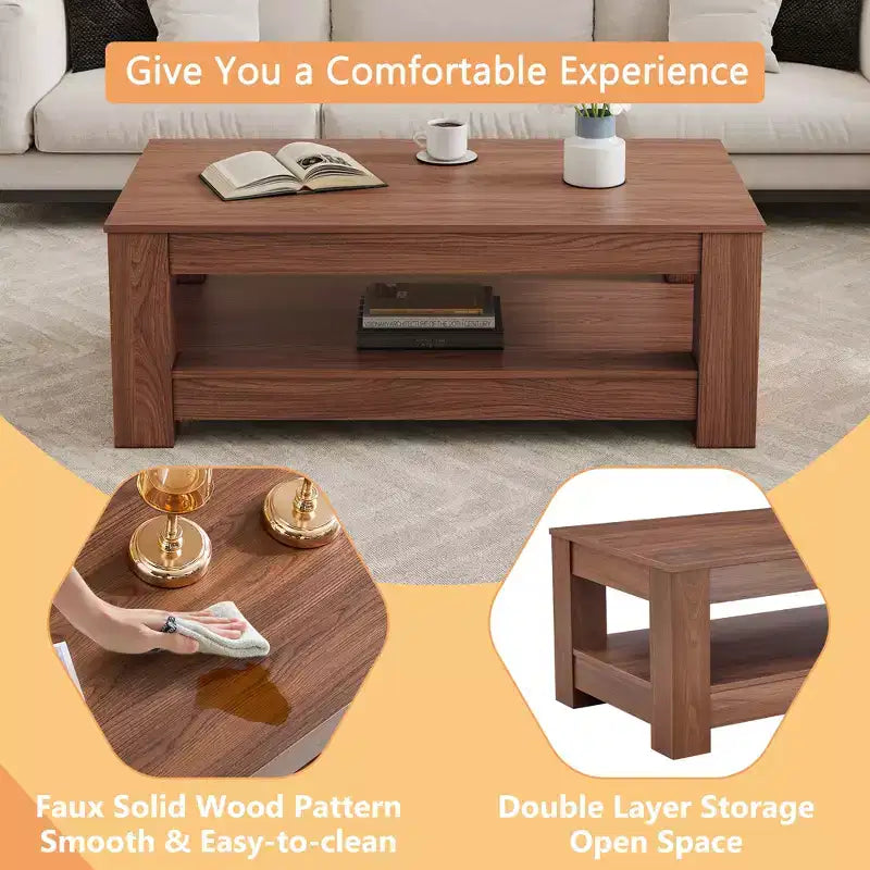 Walnut 2-Tier MDF Coffee Table, Rectangular Industrial Style Non-Toxic Finish Table for Living Room Bedroom Study