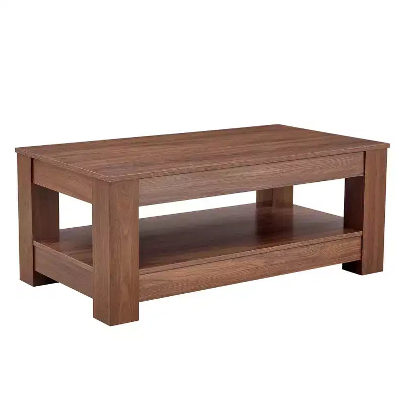 Walnut 2-Tier MDF Coffee Table, Rectangular Industrial Style Non-Toxic Finish Table for Living Room Bedroom Study