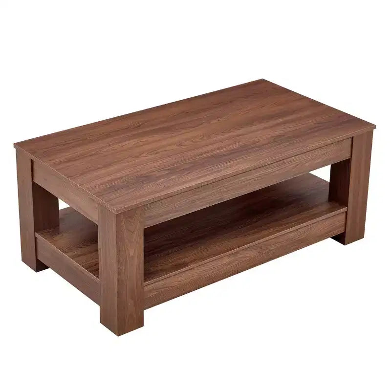 Walnut 2-Tier MDF Coffee Table, Rectangular Industrial Style Non-Toxic Finish Table for Living Room Bedroom Study